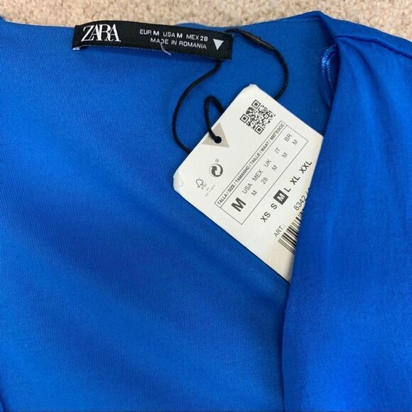 Zara blue v-neck wrap front long sleeve satin effect dress Sz M NWT - Picture 9 of 14